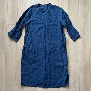 Muji Washed Linen Long Sleeve Dress in Blue Women’s Size Medium